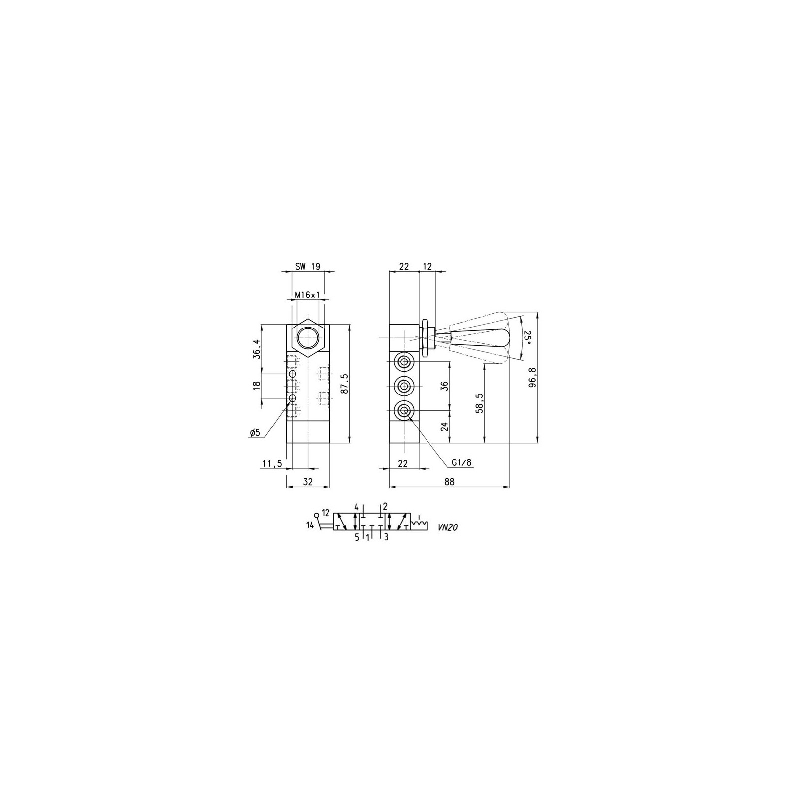 Distributeur 5/3 compact levier 3 positions stables - G1/8 - 368-900