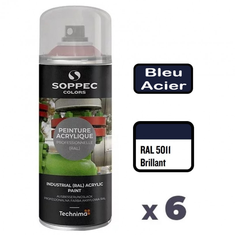 6 Peintures Acryliques Aérosol 520 ML Bleu Acier - 5011 SOPPEC AEROPB5011BRI