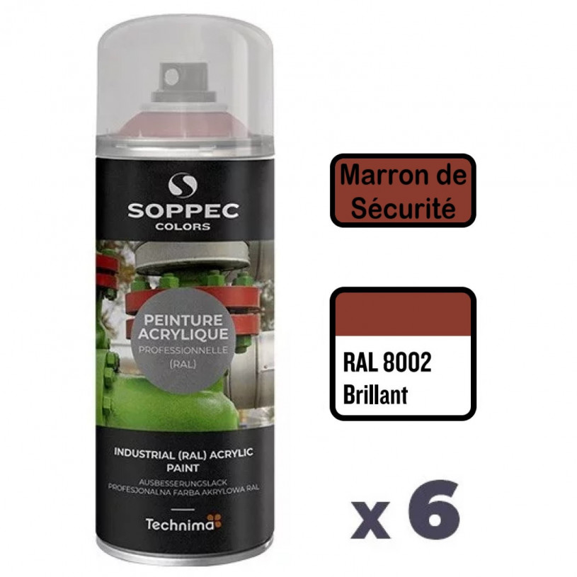 6 Peintures Acryliques Aérosol 520 ML Marron Sécurité - 8002 SOPPEC