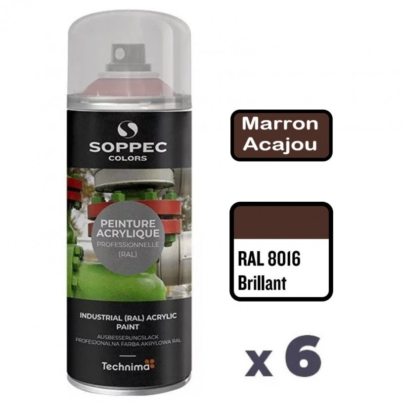6 Peintures Acryliques Aérosol 520 ML Marron Acajou - 8016 SOPPEC AEROPM8016BRI