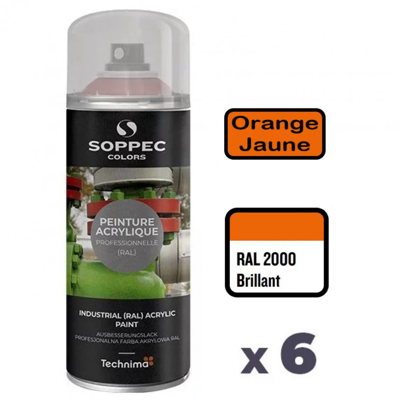 6 Peintures Acryliques Aérosol 520 ML Orange Jaune - 2000 SOPPEC