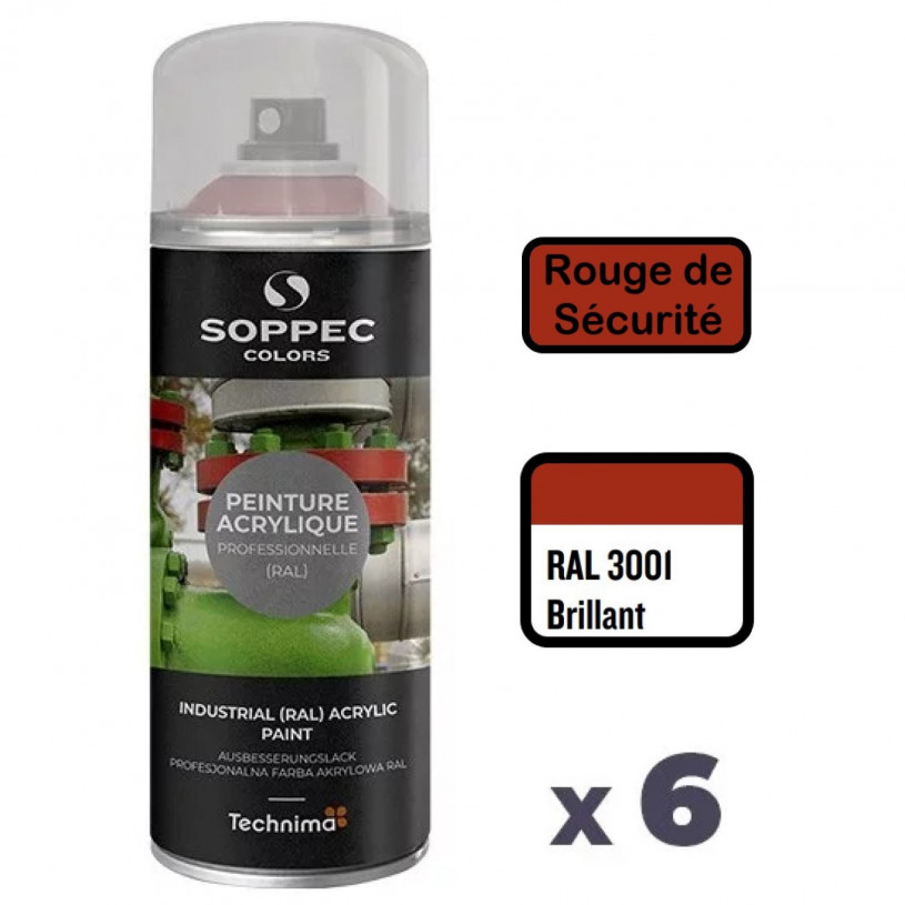 6 Peintures Acryliques Aérosol 520 ML Rouge Sécurité - 3001 SOPPEC AEROPR3001SEC