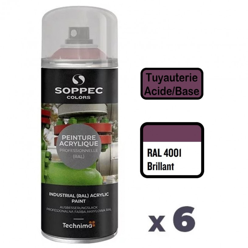 6 Peintures Acryliques Aérosol 520 ML Violet 4001 - Acide/Base SOPPEC