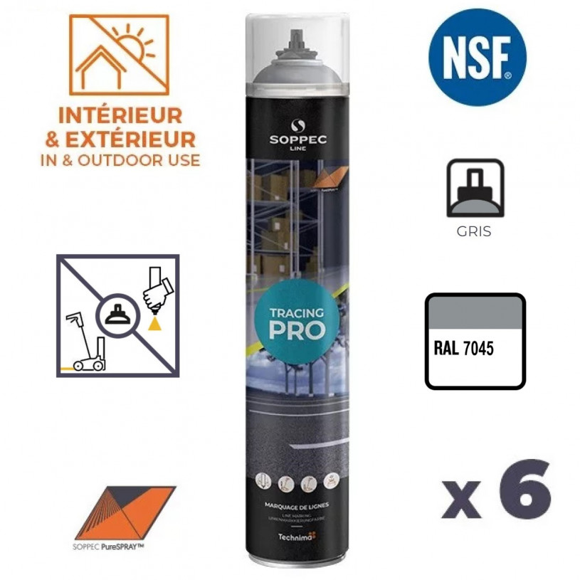 6 Traceurs de Ligne Aérosol 1000ML - Intérieur/Extérieur - PureSPRAY™ Gris - RAL 7045 SOPPEC AEROPLIG-GRI750