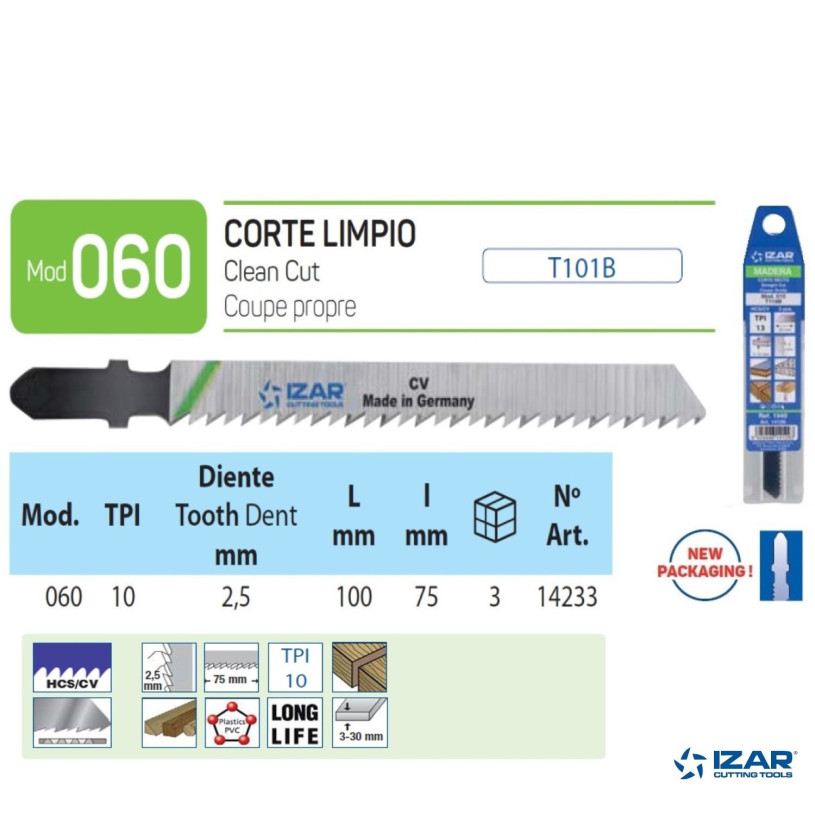 LAME SCIE Sauteuse Bois - Etui de 3 Lg 75 MM - Capacité : 3 > 30 MM IZAR TOOLS LAMSSTBO-T101B-3