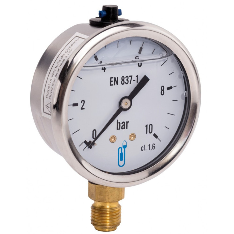 MANOMETRE RADIAL Glycéré - Boîtier Inox Ø 63MM - Mâle ¼" 0 > 10 Bars PROMECA
