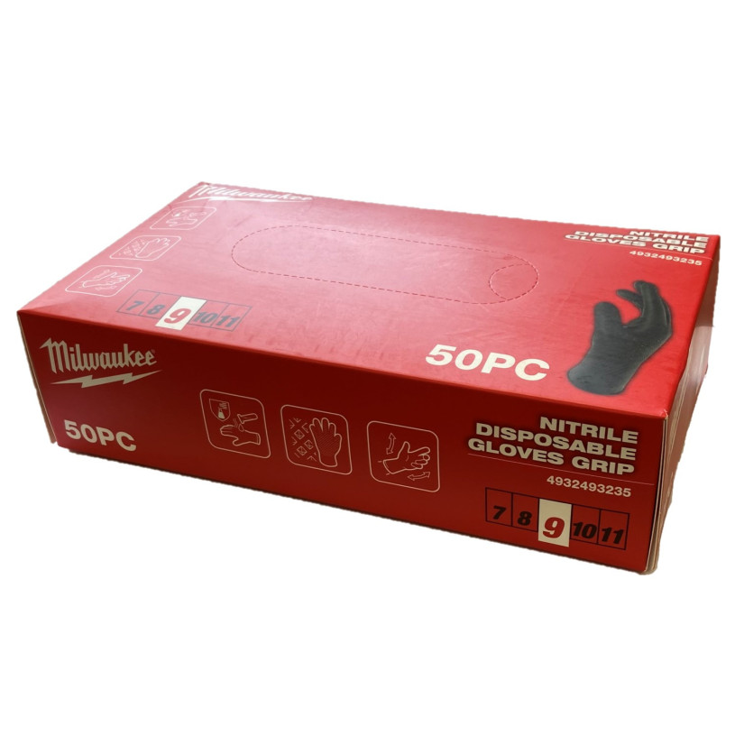 Gants Nitrile Jetable Milwaukee® Spécial Mécanique - Taille 9 (L) - Boîte Distributrice 50 Paires MILWAUKEE GANTNJMW4932493235