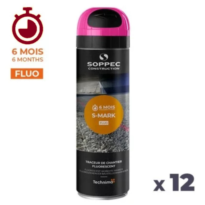 12 Traceurs De Chantier Aérosol 650ML - Longue Durée Maxi 6 Mois Cerise Fluo SOPPEC AEROPTC-CSEFLUO