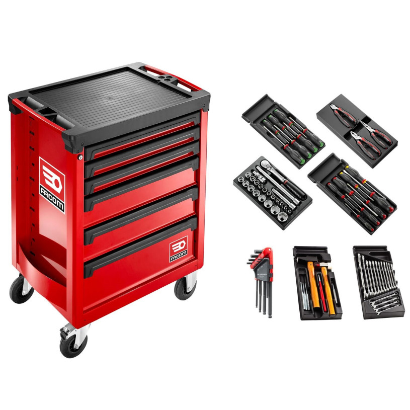 ~Pack Outillage FACOM® ROLL.69PF (Servante + Composition d'Outils) : - 1 Servante (ROLL.6M3APF) + 6 Modules Equipés Thermoformés (CM.69PF) FACOM