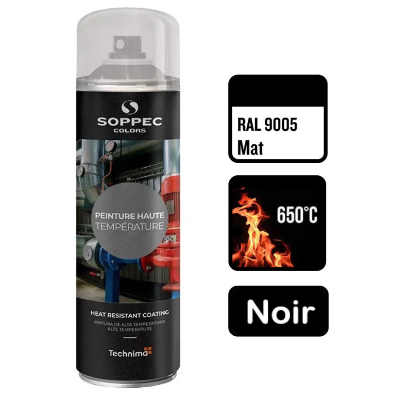 Peinture Résine Siliconée Haute Température Aérosol 520ML Noir - 9005 SOPPEC