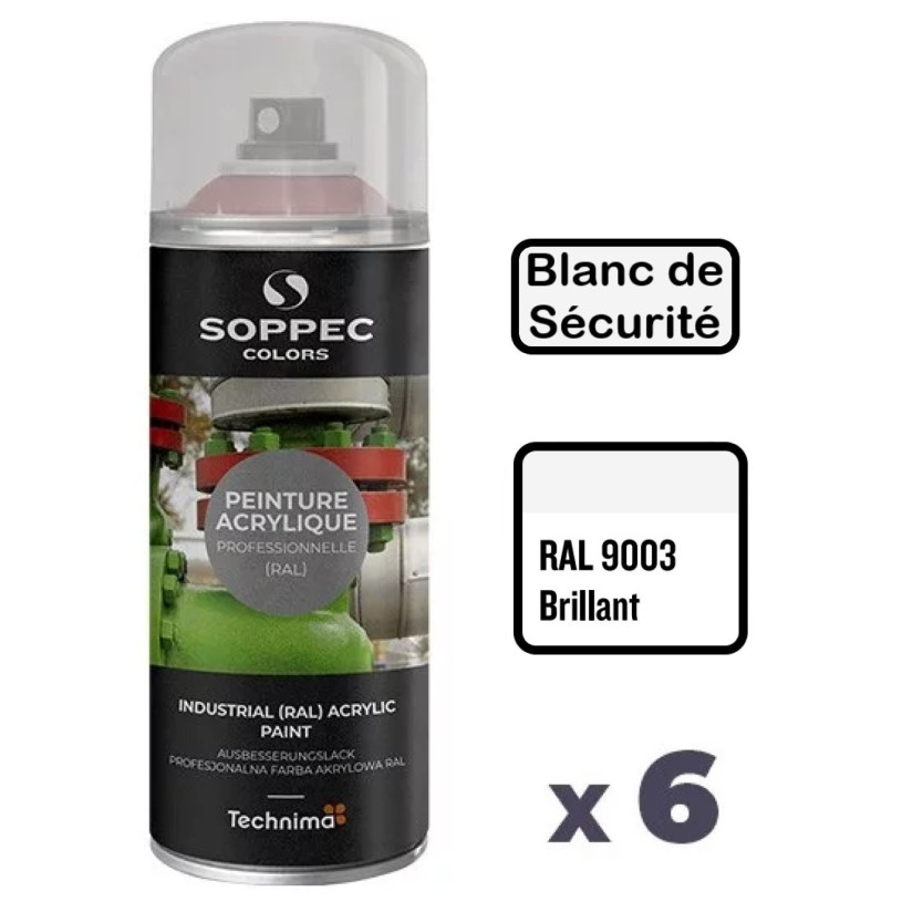 6 Peintures Acryliques Aérosol 520 ML Blanc Sécurité - 9003 SOPPEC AEROPB9003SEC