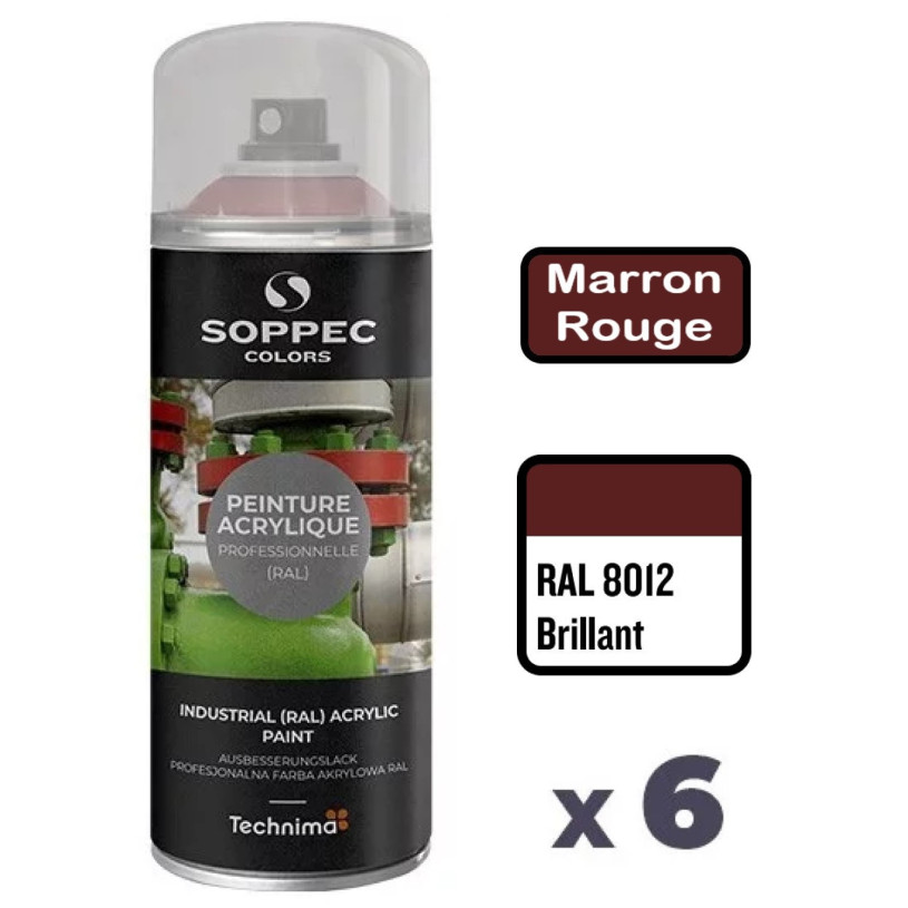 6 Peintures Acryliques Aérosol 520 ML Marron Rouge - 8012 SOPPEC AEROPM8012BRI