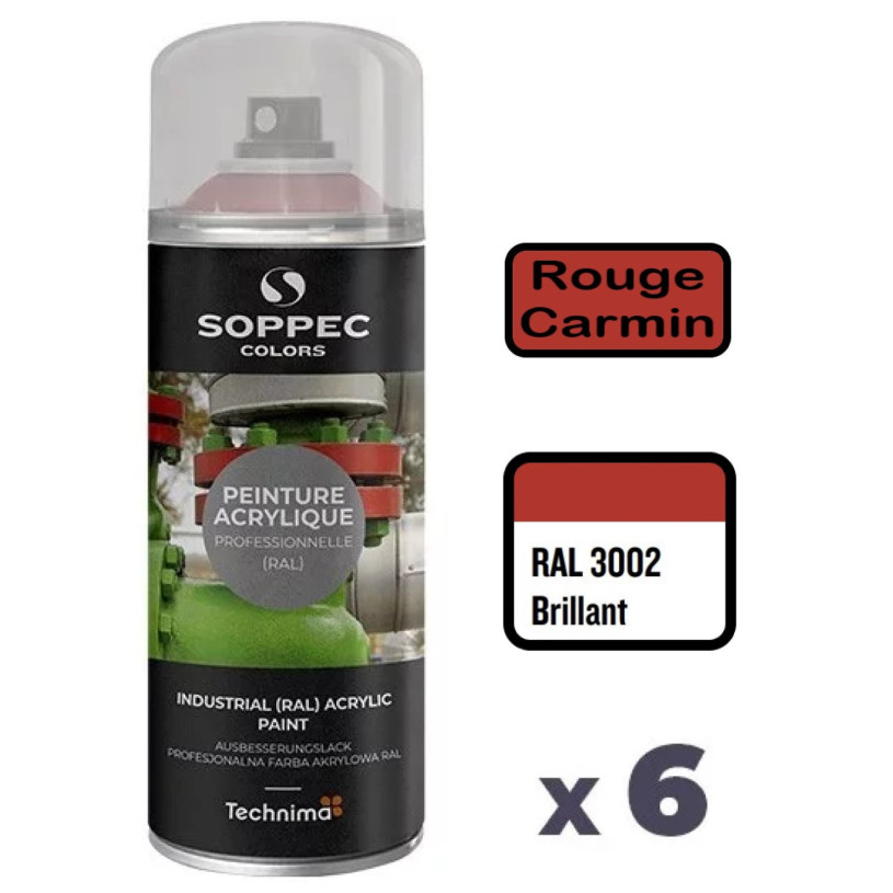 6 Peintures Acryliques Aérosol 520 ML Rouge Carmin - 3002 SOPPEC AEROPR3002BRI