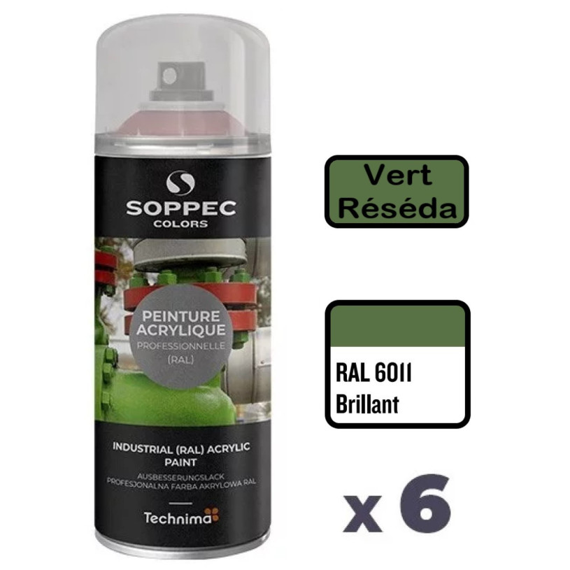 6 Peintures Acryliques Aérosol 520 ML Vert Réséda - 6011 SOPPEC AEROPV6011BRI