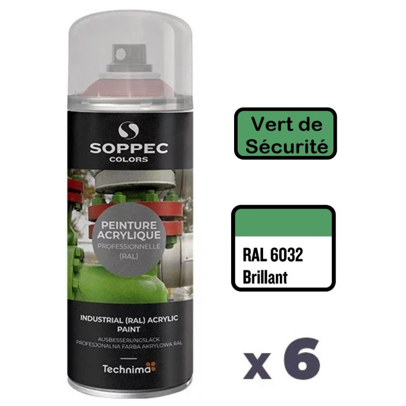 6 Peintures Acryliques Aérosol 520 ML Vert Sécurité - 6032 SOPPEC AEROPV6032SEC