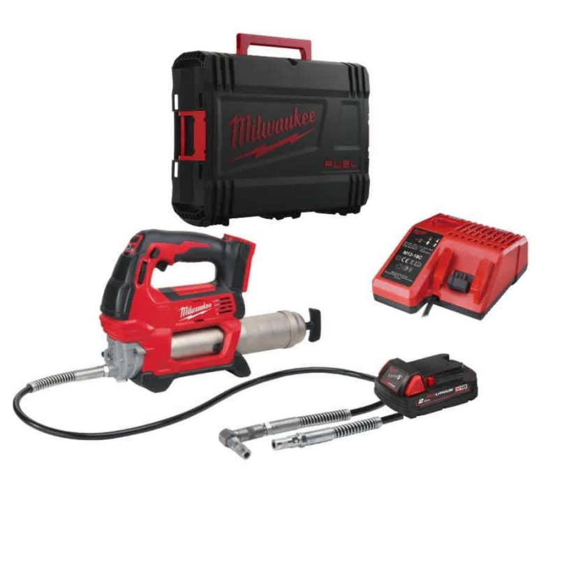 Pompe à Graisse Milwaukee® 18 V Cartouche 400ML + Box Plastic - 1 Batterie 18V/2,0Ah + Chargeur - M18 GG-201C MILWAUKEE MILW18GG-201C