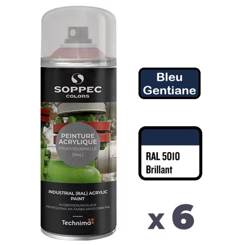 6 Peintures Acryliques Aérosol 520 ML Bleu Gentiane - 5010 SOPPEC AEROPB5010BRI