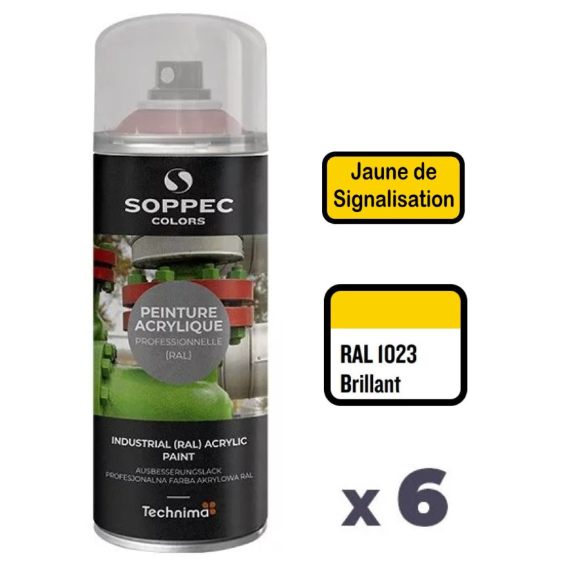 6 Peintures Acryliques Aérosol 520 ML Jaune Signalisation - 1023 SOPPEC AEROPJ1023SIG