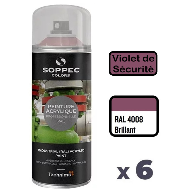 6 Peintures Acryliques Aérosol 520 ML Violet Sécurité - 4008 SOPPEC AEROPV4008SEC