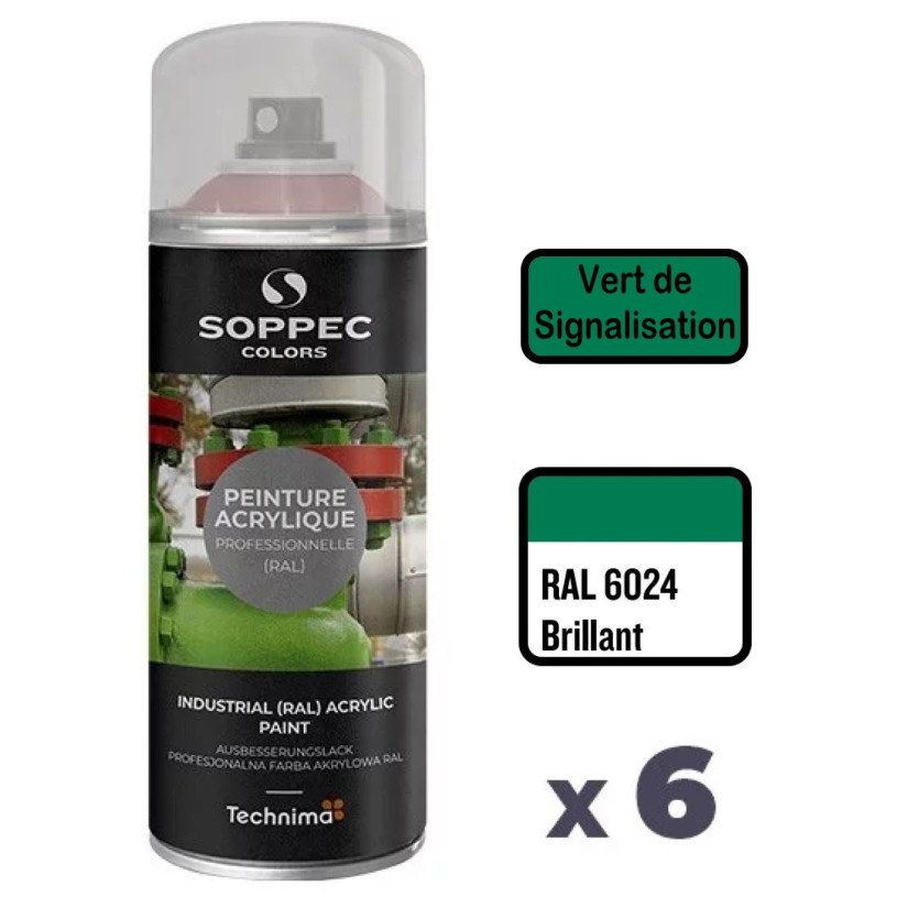 6 Peintures Acryliques Aérosol 520 ML Vert Signalisation - 6024 SOPPEC AEROPV6024SIG
