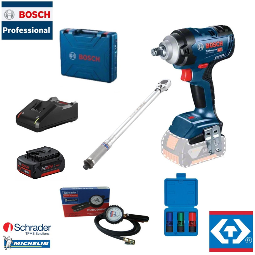 Pack BOSCH® Montage Pneus VL Hiver/Eté - GDS 18V-400 + Clé Dynamo KING TONY® 344231A + 3 Douilles 17/19/21 + Poignée SCHRADER R-1822-Z BOSCH